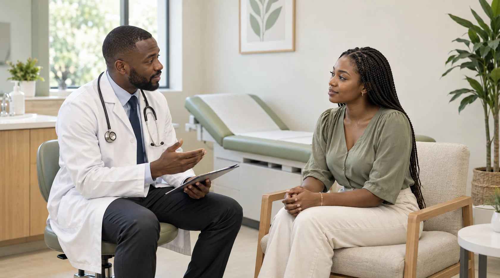 Un médecin écoute une patiente au cours d’une consultation.