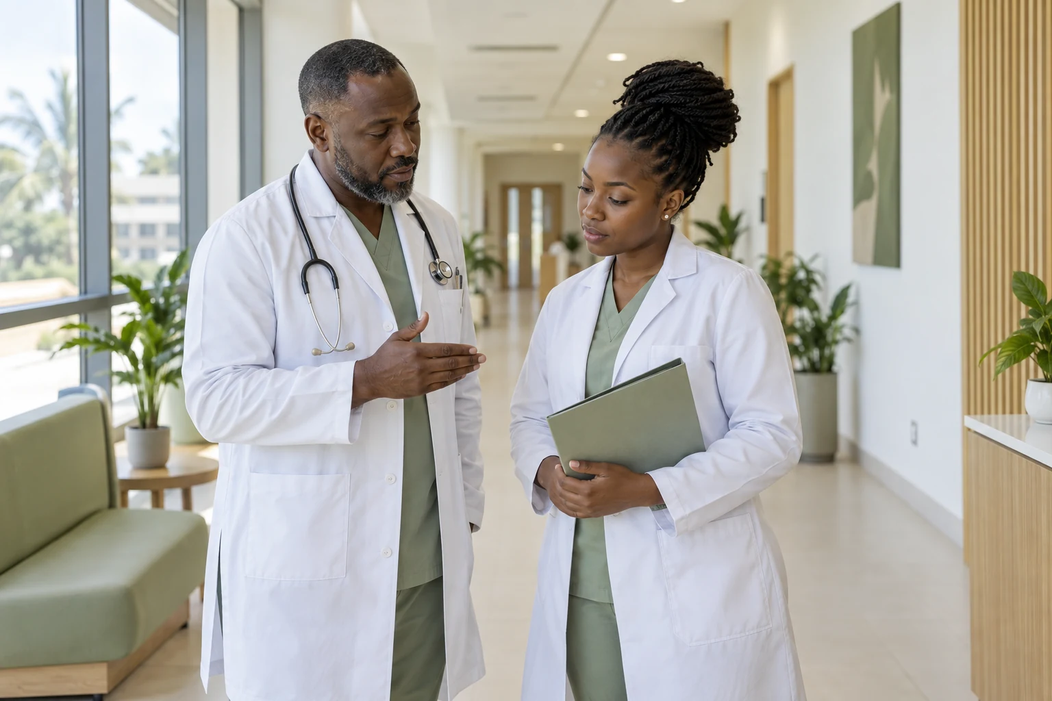 Deux médecins échangent dans le couloir d’une clinique.