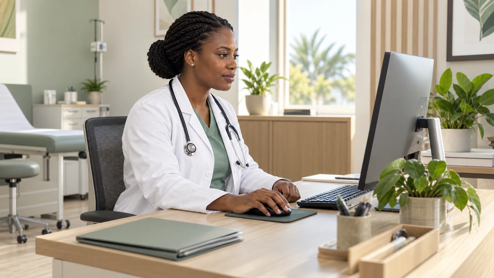 Une médecin travaille sur son ordinateur dans un cabinet lumineux.
