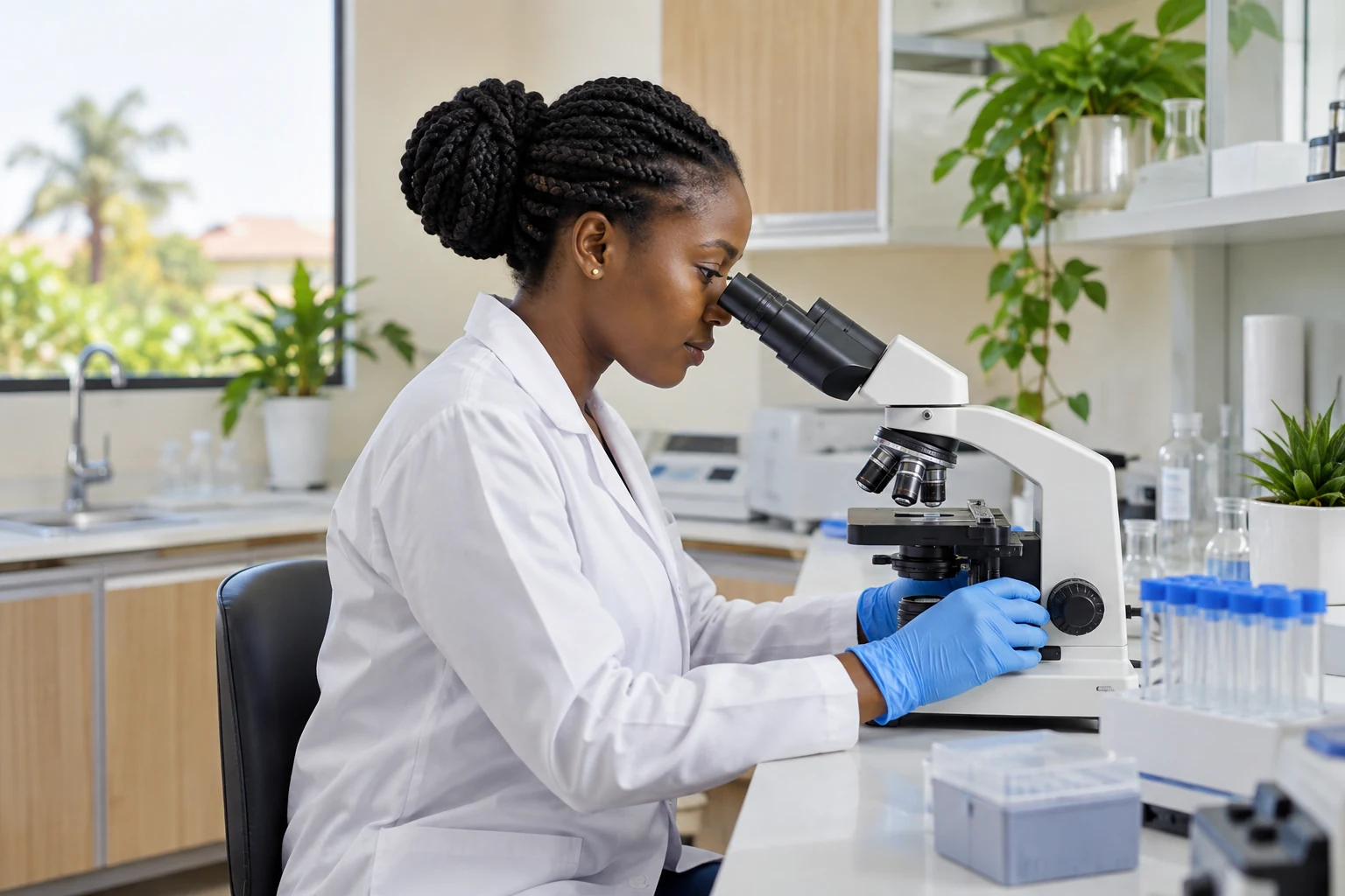 Une professionnelle de laboratoire utilise un microscope.