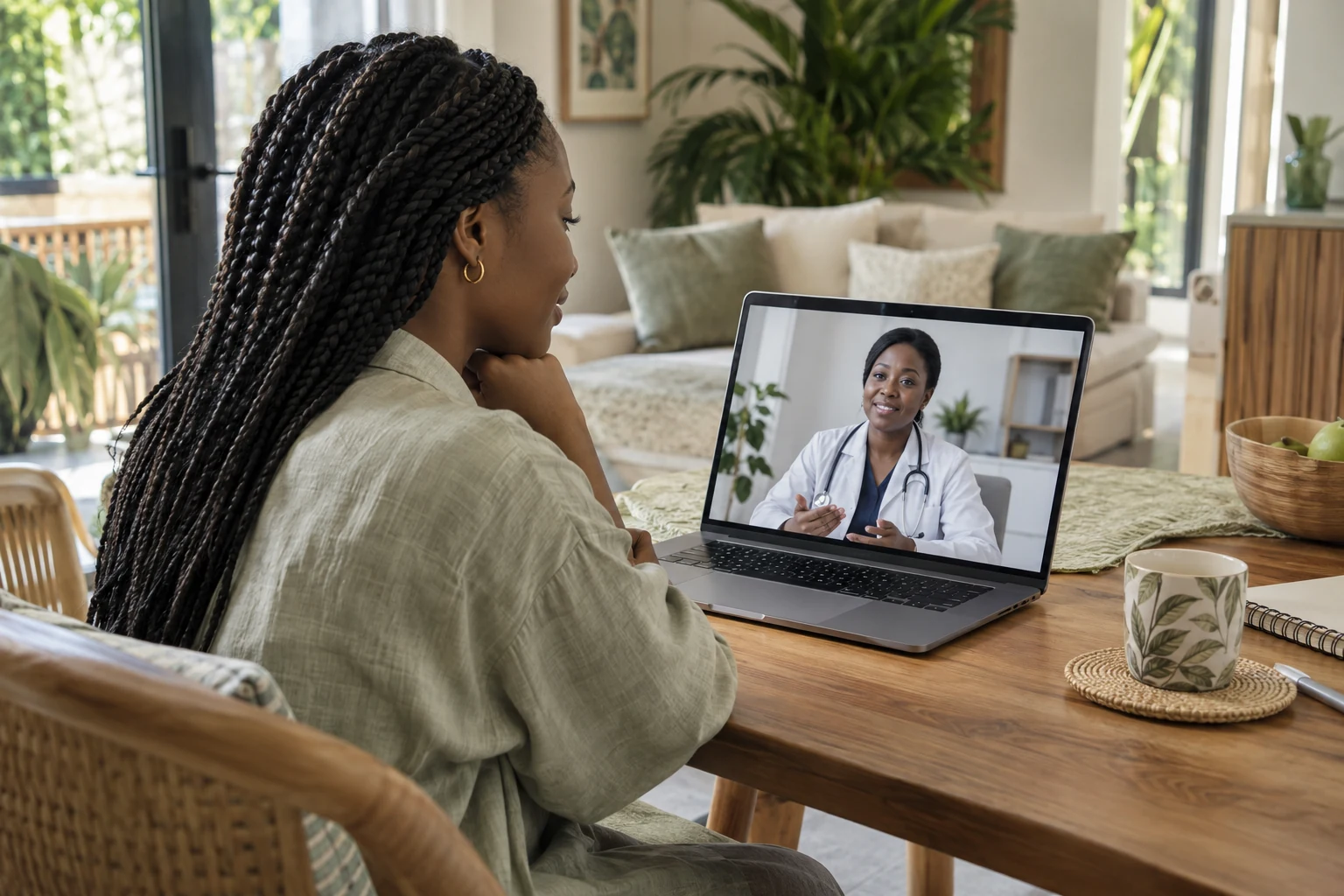 Une patiente échange avec une médecin en vidéo sur son ordinateur, depuis son domicile.