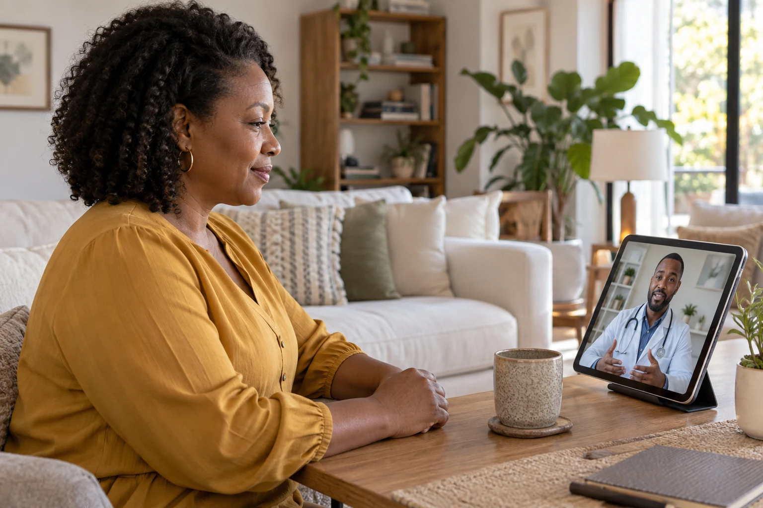 Une patiente à domicile échange avec un médecin sur sa tablette.