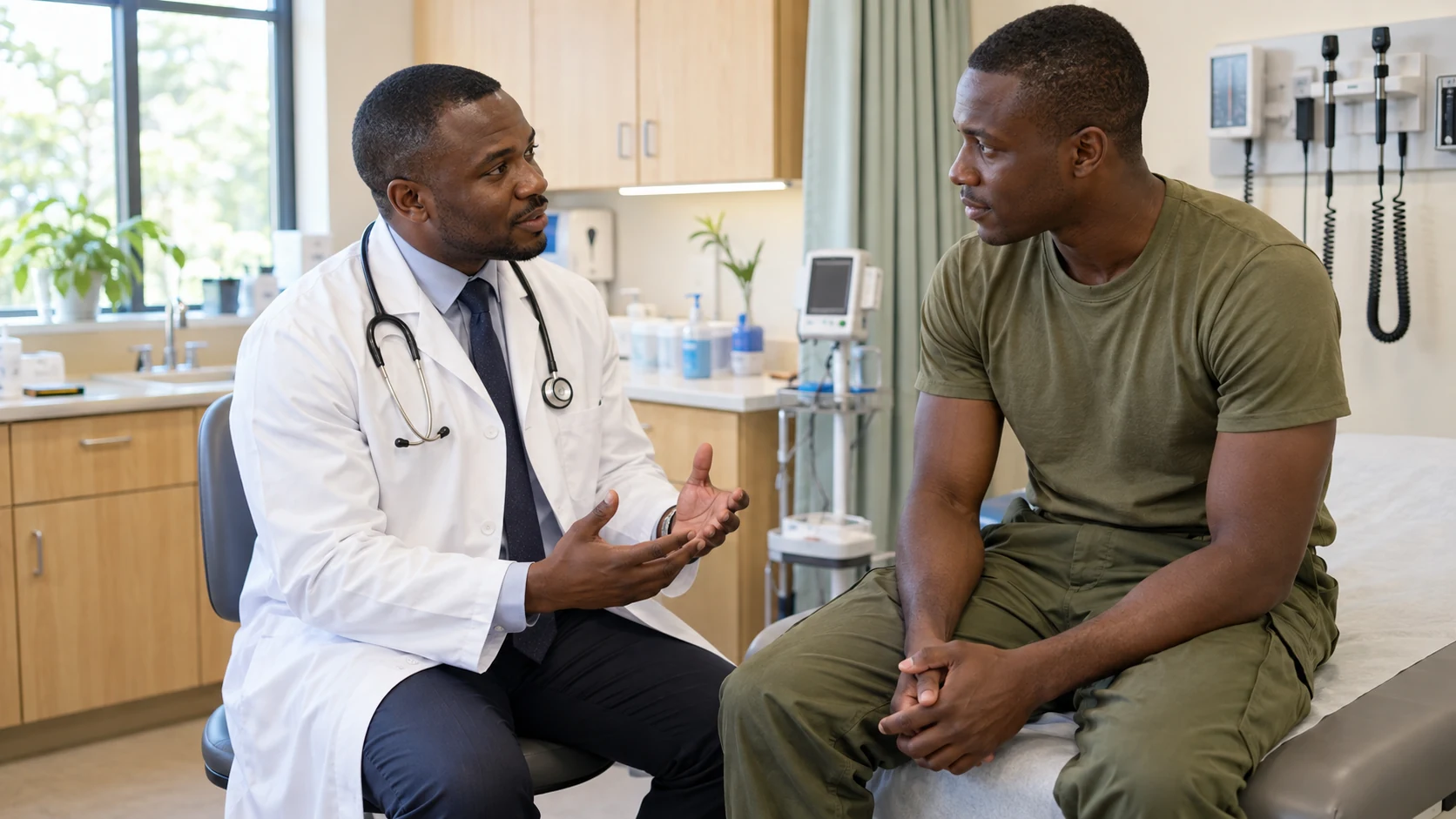 Médecin en blouse blanche échangeant avec un patient en tenue olive dans une clinique lumineuse.