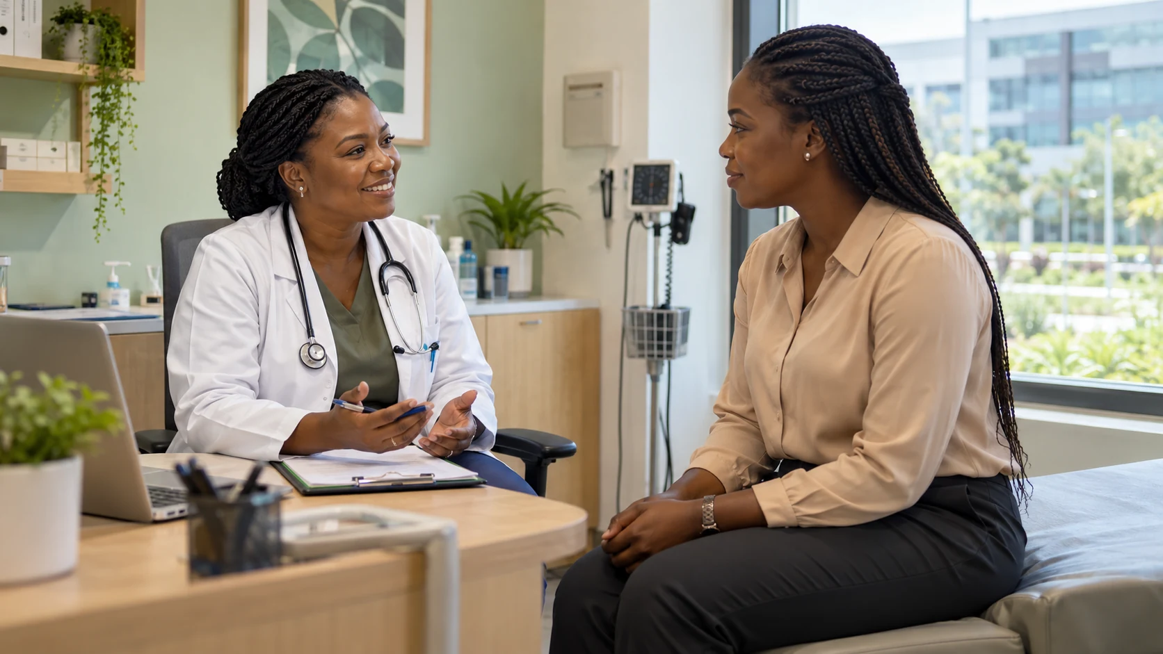 Une médecin reçoit une collaboratrice dans le service de santé d’une entreprise.