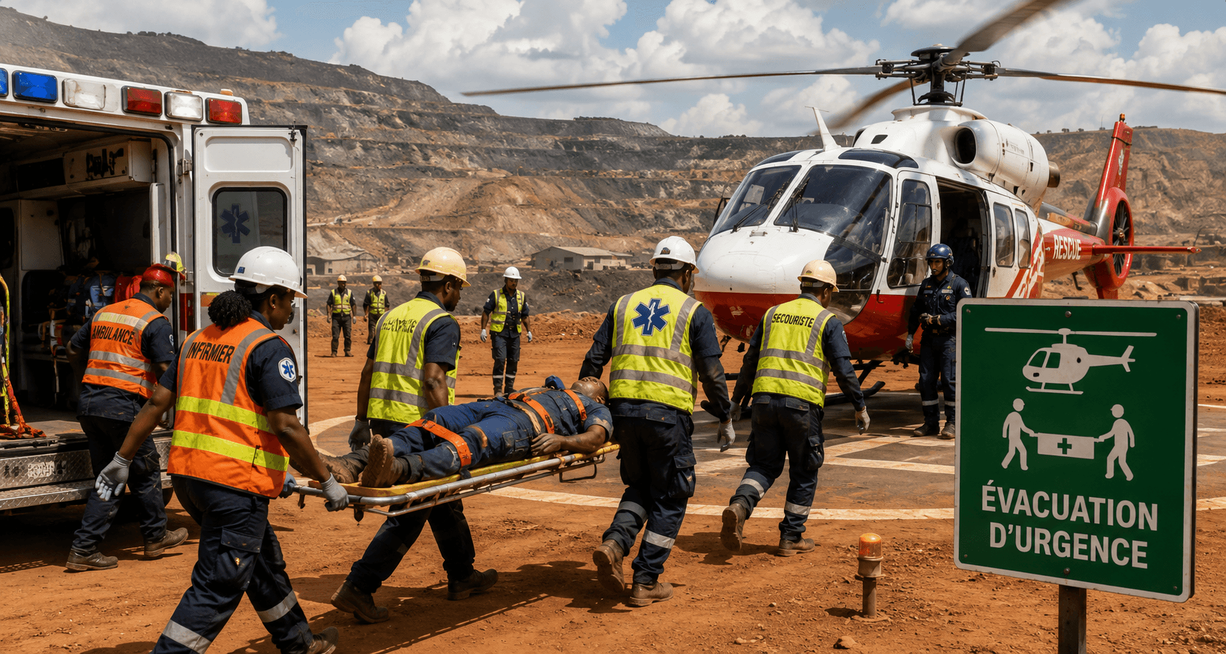 Équipe de secours et travailleurs sur un site industriel