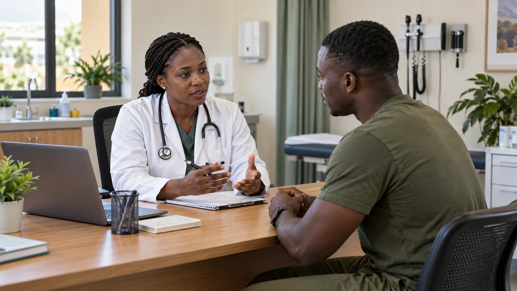 Une médecin échange avec un patient en tenue olive dans une salle de consultation.