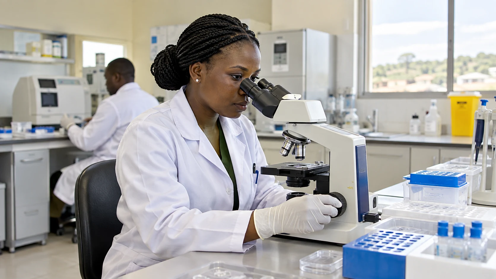 Professionnelle de laboratoire utilisant un microscope.