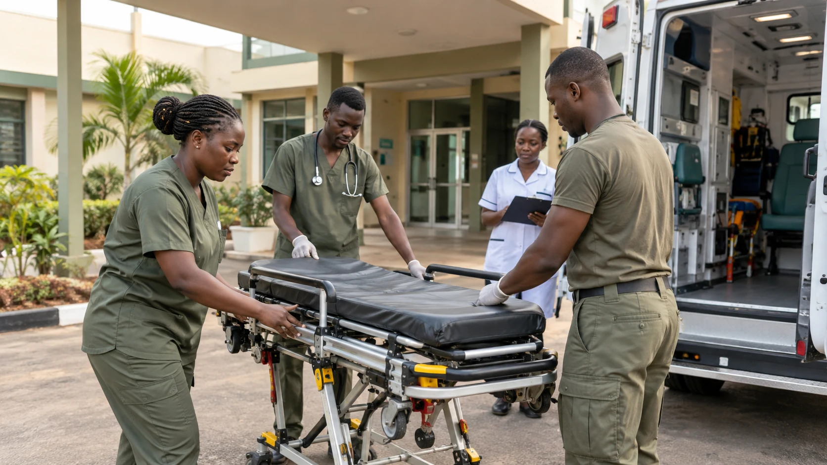 Équipe médicale accompagnant une prise en charge près d’une ambulance.